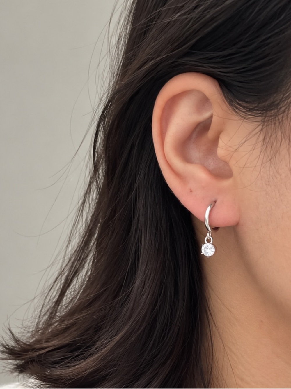 Silver Stainless Steel Huggie Hoop Earrings Clear Zirconia 8mm